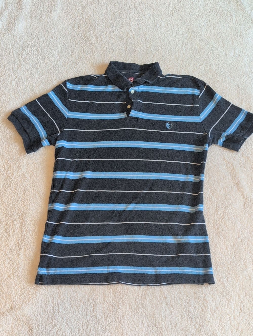Chaps Mens Short Sleeve Polo Navy with White  & Light Blue Stripes Size Medium